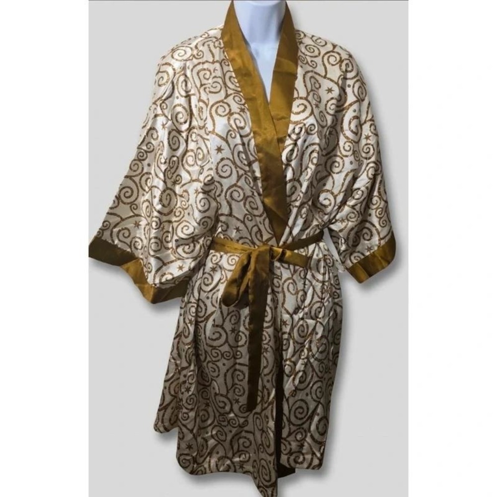 Vintage Contessa Di Roma XL Gold Baroque Star Satin Kimono Robe 90s White Wrap